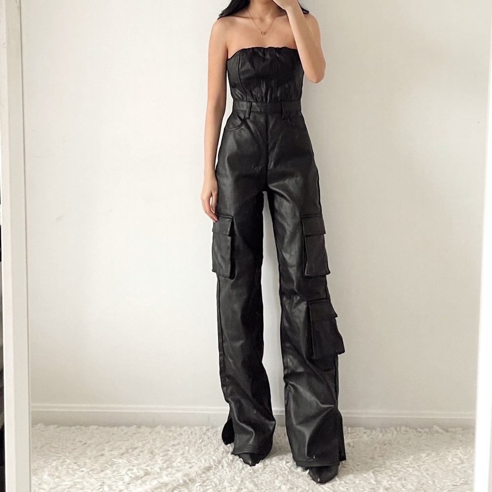 New PLT black faux leather strapless cargo wide leg jumpsuit